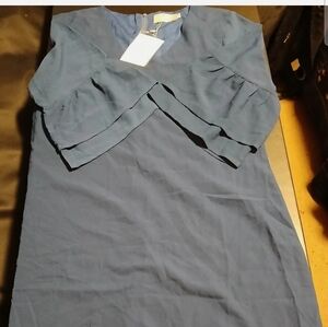 Belongsci Womens Dress Sz L Blue V-Neck Ruffle Bell Sleeve Shift NWT #8817
